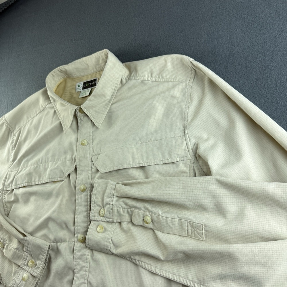 ExOfficio Shirt Men's XL Beige Fishing Vented Outdoor Hiking Rayon Hike Pockets